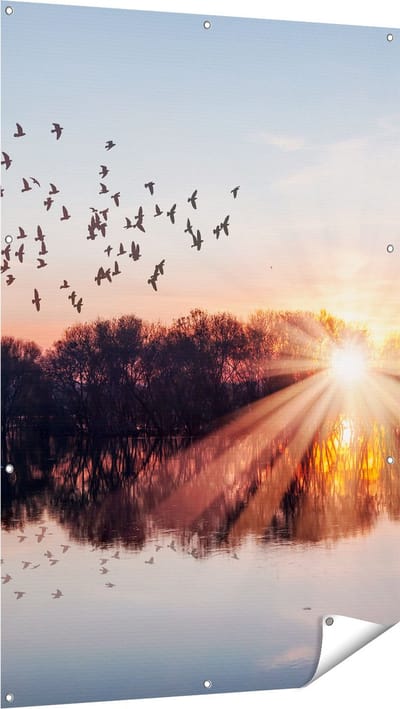 Gards Tuinposter Groep Vogels Boven de Meer met Zonsondergang - 100x150 cm - Tuindoek - Tuindecoratie - Wanddecoratie buiten - Tuinschilderij