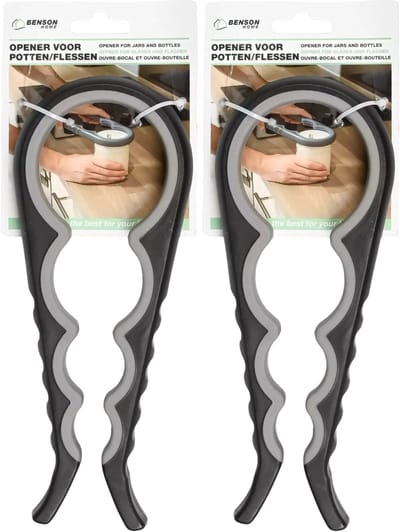 Benson opener voor potten / flessen - 2x - verstelbaar - rubber / kunststof - 22 cm - diverse deksels