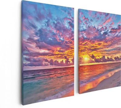 Artaza Canvas Schilderij Tweeluik Zonsondergang Op Het Strand In De Malediven - 80x60 - Foto Op Canvas - Canvas Print