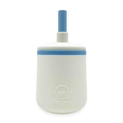 Smikkels - Siliconen kinderbeker - Drinkbeker - Rietjesbeker - Duurzaam - Peuter - Baby - Wit met blauw