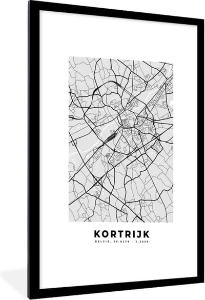 Fotolijst incl. Poster Zwart Wit- België – Kortrijk – Stadskaart – Kaart – Zwart Wit – Plattegrond - 60x90 cm - Posterlijst