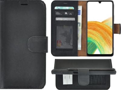 Hoesje Echt Leer Geschikt voor Samsung Galaxy A26 - Bookcase Hoesje - Samsung A26 Wallet Book Case Echt Leer Zwart Cover