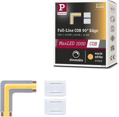 ' Paulmann 71122 MaxLED 1000 LED-strip, volledig COB-hoekmodel, 90°, 0,6 W, 1800 lm/m, 800 LED's/m, dimbaar, 0 m, zilverkleurig kunststof, 2700K, uitschuifbare LED-strip'