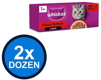 2x Whiskas - 1+ Pouch Adult Saus Classic Selectie Multipack (40x85g) - Kattenvoer Natvoer - 3.4 kg