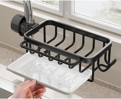 Keukenkraan Sponshouder - Spoelbak Caddy - Keuken Organiseren - Met Lekbak - 5.7 X 10.5 X 3.5 - Zwart