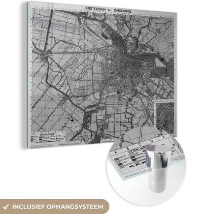 MuchoWow® Glasschilderij 40x30 cm - Schilderij acrylglas - Plattegrond - Noord-Holland - Zwart Wit - Foto op glas - Schilderijen - Stadskaart