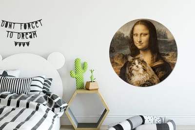 WallCircle® - Behangcirkel 100x100 cm - Muurstickers Mona Lisa - Kat - Leonardo da Vinci - Vintage - Kunstwerk - Oude meesters - Schilderij - Muurcirkel woonkamer - Wandcirkel slaapkamer - Kamer decoratie zelfklevend - Muurdecoratie accessoires XXL