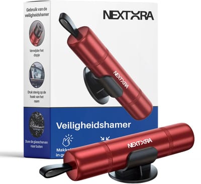 Nextora Veiligheidshamer - Noodhamer - 2 in 1 Safety Hammer - Gordelsnijder - Autohamer - Inclusief Testglas en Plakhouder - Rood