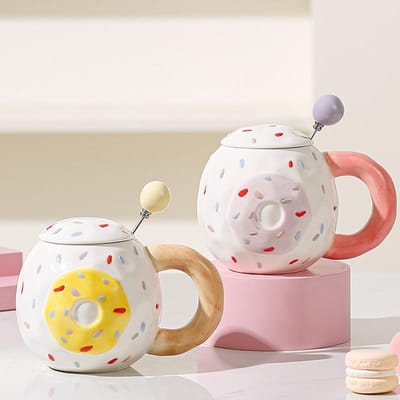Tasse à café en céramique Donut mignon avec couvercle et cuillère Grande capacité Haute valeur Ensemble pour la maison Cadeau souvenir d'ouverture Durable Durable 400ML