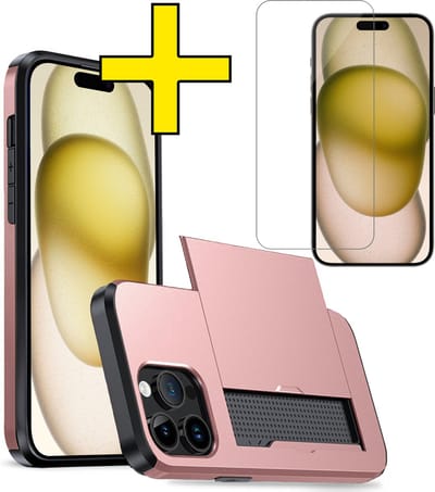 Hoesje Geschikt voor iPhone 15 Pro Hoesje Case Pashouder Hard Cover Met Screenprotector - Hoes Geschikt voor iPhone 15 Pro Hoesje Met Kaarthouder - Rosé goud