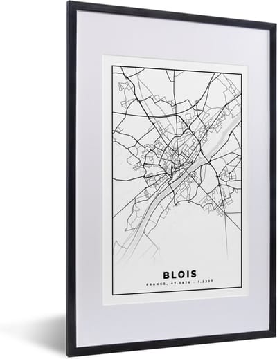 Fotolijst incl. Poster Zwart Wit- Kaart - Stadskaart - Frankrijk - Blois - Plattegrond - Zwart wit - 40x60 cm - Posterlijst