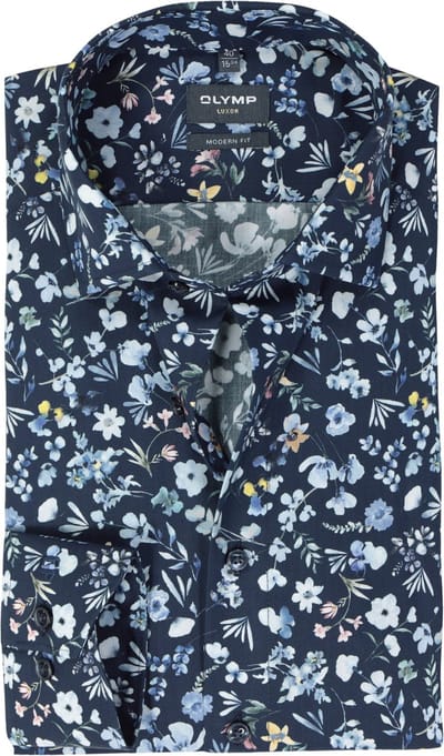 OLYMP modern fit overhemd - popeline - marine blauw dessin - Strijkvrij - Boordmaat: 42