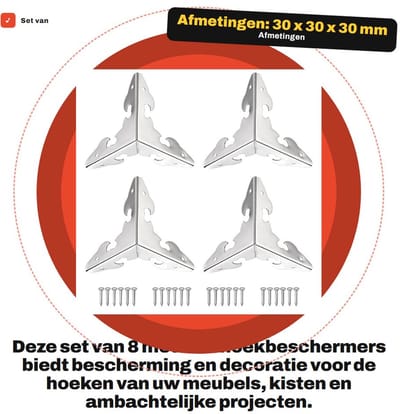 Dailygoods- Hoekbeschermers Metalen - 8 Stuks - 30 x 30 x 30 mm - Decoratieve Hoekbeugel - Randbescherming - Inclusief Schroeven - Duurzaam Metaal - Hoekbeugels