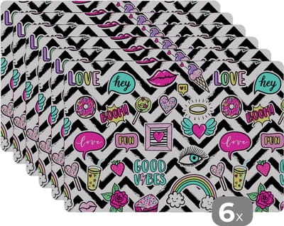 Placemat - Placemats kunststof - Patronen - Vector - Sticker - Jaren 80 - 45x30 cm - 6 stuks - Hittebestendig - Anti-Slip - Onderlegger - Afneembaar