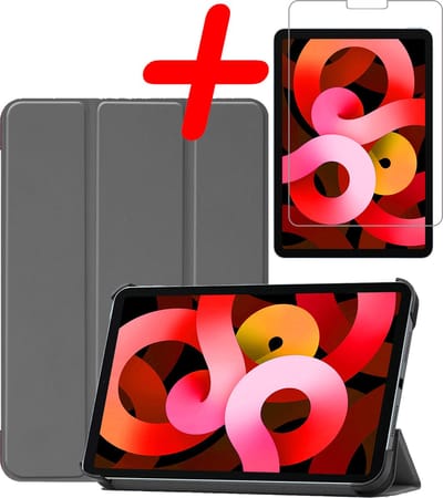 Hoesje Geschikt voor Apple iPad Air 5 (2022) - 10.9 inch - 5e Generatie - M1 - Met Screenprotector - Trifold Bookcase - Hard Cover - Hardcover Book Case - Tablet Hoes - Grijs