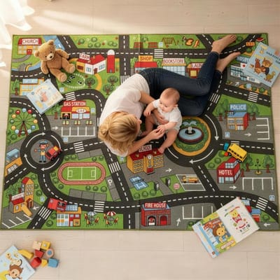 MEUNIQ boxkleed baby speelmat 200 x 150 x 0,5 cm antislip stadsmotief van polyester voor vloer in kinderkamer of speelhoek, grijs