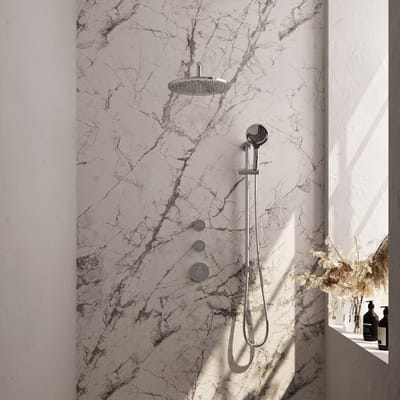 Brauer Chrome Edition thermostatische inbouw regendouche SET 22 met 30 cm douchekop en gebogen muurarm en 3-standen handdouche en doucheslang en geïntegreerde glijstang chroom