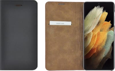 Geschikt voor Samsung Galaxy S21 Ultra hoesje - Bookcase - Portemonnee Hoes Ultra dun Echt leer Wallet case Zwart