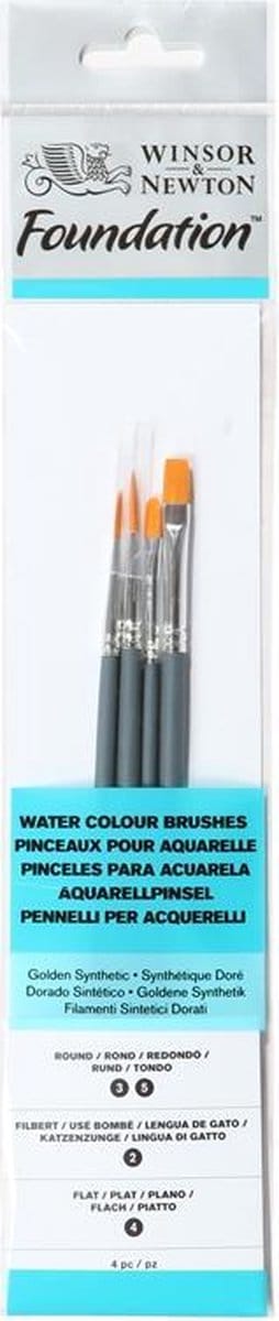 Winsor & Newton 5295014 Foundation Aquarelpenselenset 4 stuks korte steel No. Rond 3/5 Kattentong 2/4