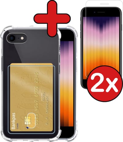 Hoesje - Geschikt voor Apple iPhone SE (2022) - Met 2x Screenprotector - Pashouder - Kaarthouder - Back Cover - Telefoon Hoes Shockproof - Siliconen Case - Shock Proof - Pasjes Houder - Telefoonhoes - Transparant
