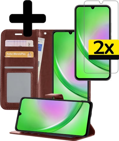 Hoesje - Met 2x Screenprotector - Geschikt voor Samsung Galaxy A34 - Luxe Pasjeshouder - Bookcase Portemonee - Flip Case - Kunstleer Book Case - Flipcase Hoes - Book Cover - Walletcase - Portemonneehoes - Telefoonhoesjes - Bruin