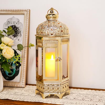 Decoratieve Lantaarn - Met Glas - Sfeerverlichting Buiten - Met Ophanghaak - 3 Inch Diameter - Gepolijst Metaal
