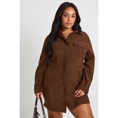 boohoo Dames Plus Cord Overhemdjurk met Getailleerde Taille | Chocolate | Maat: 28