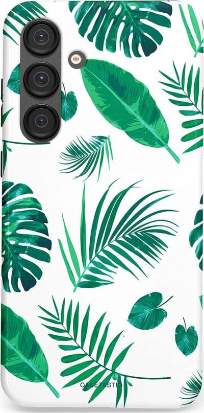 Casetastic Hoesje Geschikt voor Samsung S25 Plus - Stijlvolle Beschermende Duo-layer Case - Groene Witte Jungle Bladeren Print