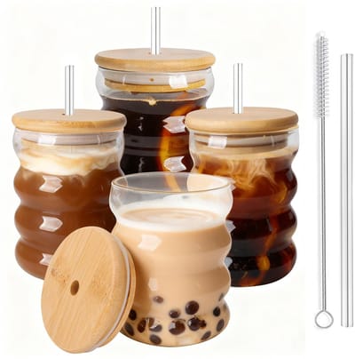 Dailygoods - 4-pack drinkglazen voor cocktails, 11oz/320ml vintage gegolfd glas bekers, glazen ijskoffie glas bekers glaswerk met deksels en houten deksels voor bier, water, cocktail, whisky, sap