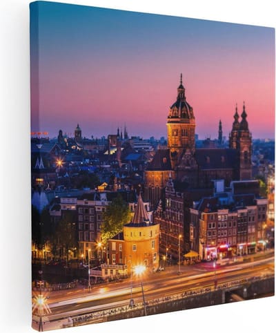 Artaza Canvas Schilderij Amsterdam - 80x80 cm - Wanddecoratie Skyline - Muurdecoratie Schemering - Schilderijen Op Canvas Grachten