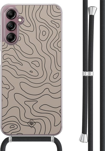 Casimoda® hoesje met koord - Geschikt voor Samsung A14 - Abstract Lines - Afneembaar koord - TPU/acryl - Bruin/beige