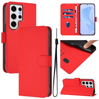 Telefoonhoesje van effen leer met een gladde textuur en draagkoord voor Samsung Galaxy S24 Ultra 5G (rood).