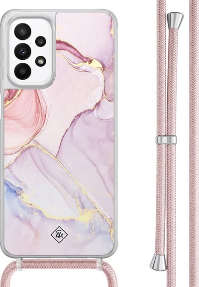 Casimoda® hoesje met rosegoud koord - Geschikt voor Samsung A23 - Marmer roze paars - Afneembaar koord - TPU/acryl - Paars