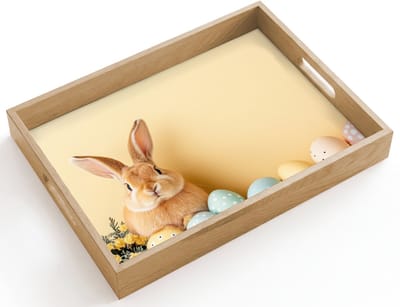 Dienblad hout 40x30 cm - Schootdienblad - Eieren - Konijn - Pasteltinten - Borrelplank rechthoek - Plateau dienbladen