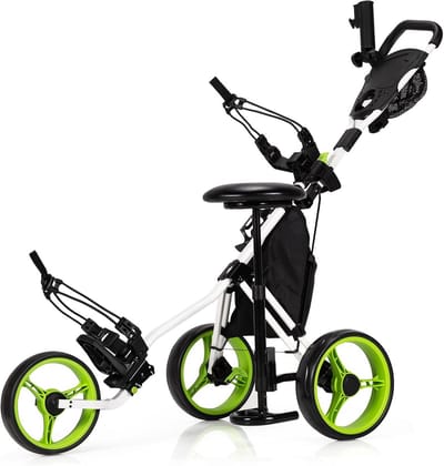 3 Wielen Golftrolley Inklapbaar met Zitting, Voetrem en Accessoires