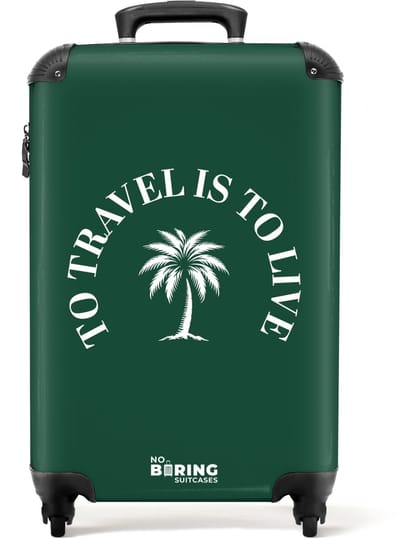 NoBoringSuitcases.com® - Handbagage koffer lichtgewicht - Reiskoffer trolley - Groen met palmboom en tekst To Travel Is To Live - Reis rolkoffer met wieltjes - Carry on reistrolley op wielen - Luggage suitcase - 55x40x20 en 55x35x25 - Bagage 55 cm
