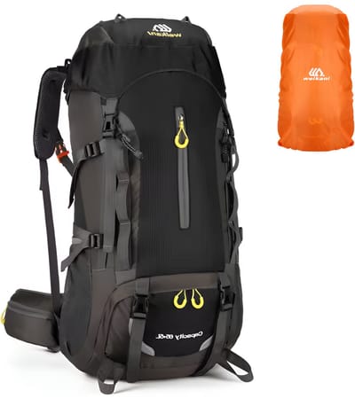 CarryQuest® - 70L Bergbeklimming Rugzak - Waterdichte Nylon Hiking Backpack met Regenhoes, Rugventilatie, Externe Zakken & Front-/Toploader - Outdoor, Camping & Reizen - 35x26x69 cm - Zwart