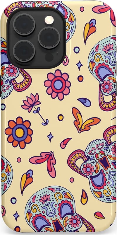 Casetastic hoesje geschikt voor Apple iPhone 15 Pro Max - MagSafe - Dubbellaagse bescherming - Dia de los Muertos Doodshoofd Bloemen - Fashion Case - Crème Lila Zilver