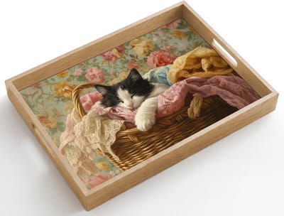 Dienblad hout 50x35 cm - Schootdienblad - Kat - Bloemenprint - Rieten mand - Borrelplank rechthoek - Plateau dienbladen