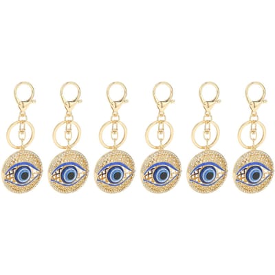 6 stuks Strass Blauw Oog Sleutelhangers Metalen Sleutelhangers Hanger voor Portemonnee Rugzak Handtas Telefoon Sleutel beige
