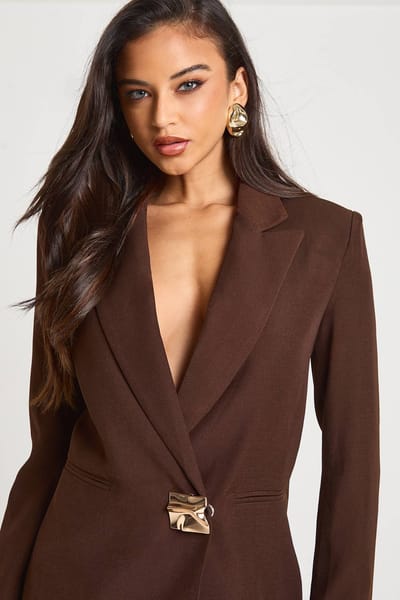 boohoo Dames Gouden trim oversized op maat gemaakte blazer | Chocoladebruin | Maat: 36