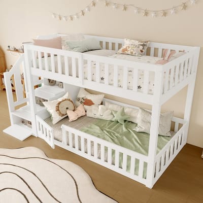 MODENUIT Laag stapelbed 90x200 cm – Zonder matras – Met trap en opbergruimte – Valbeveiliging – Kinderkamer – Wit