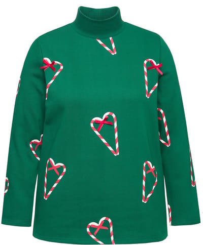 Ulla Popken - Dames - sweatshirt suikerstokken klassiek opstaande kraag - Weidegroen - Maat 46+