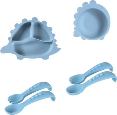 Sproudsy Serviesset Dino - Kinderservies - Kraamcadeau - Baby - 4-delig - Misty Blue