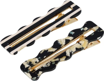 Haarsoires Haarspeld Duckklemmen 8cm – Wavevorm met Streepprint – Zwart Creme – Set van 2 - Haarclip - Haarklem - Makkelijk in Gebruik - Sterke Haarclip voor Styling & Dagelijks Gebruik - Hair Clip - Decoratieve Haaraccessoire