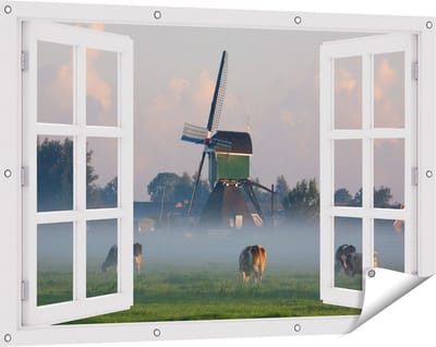 Gards Tuinposter Doorkijk Landschap met Koeien - 120x80 cm - Tuindoek - Tuindecoratie - Wanddecoratie buiten - Tuinschilderij