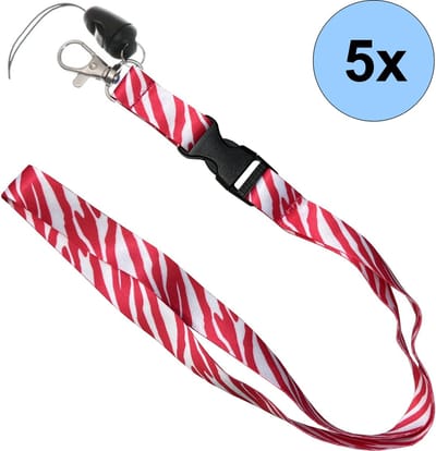 5 Keycords Zebra Rood Print - Keycord - Lanyard - Sleutelkoord - Badgehouder - 51cm - 20mm - Zebra Rood - 5 Stuks