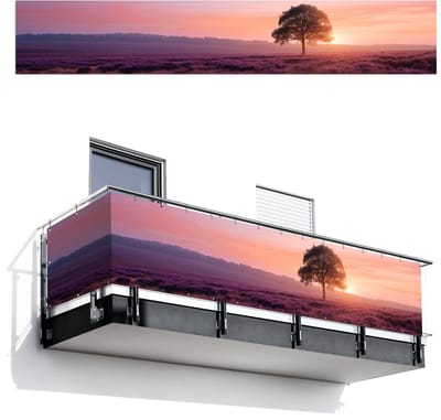 Balkonscherm 500x85 cm - Balkonposter Boom - Heide - Zonsopgang - Balkon scherm decoratie - Balkonschermen - Balkondoek zonnescherm