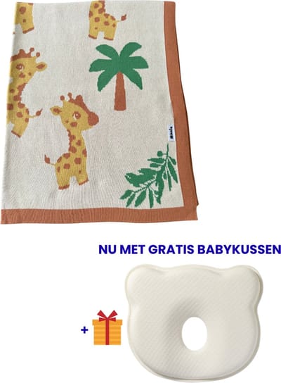 Minnia - Gebreide babydeken van biologisch katoen - Giraffe en palmboom patroon - Knit Baby Blanket made of organic cotton - Giraffe and palm tree pattern - 4 kleuren - 100x80 cm - MET GRATIS BABYKUSSEN