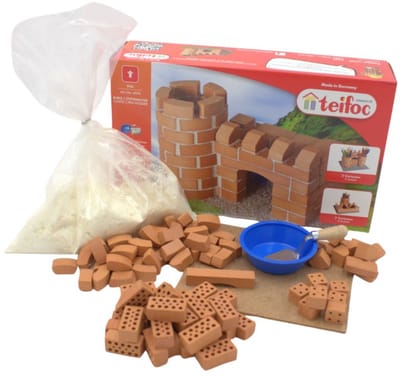 Teifoc® Bouwdoos – Klein Kasteel – 100 Onderdelen – Echte mini Bakstenen met Cement, Kom en Troffel – Bouwpakket voor kinderen vanaf 6 jaar